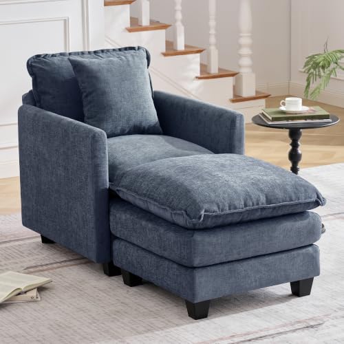 Image of 30'' Cloud Single Couch with Ottoman, Cloud Sofa with Throw Pillow, Modern 1 Seater Reading Chair with Deep Seat, Accent Chairs for Living Room, Bedroom, Small Apartment, Blue