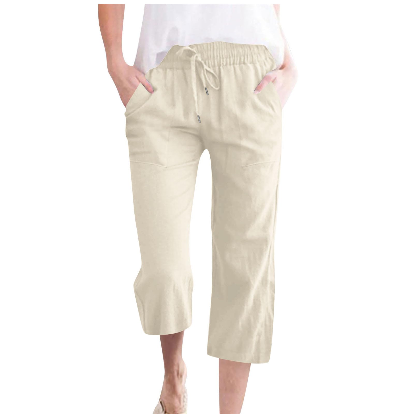 Leinenhose Damen Sommer 3/4,Baumwolle Leinen Stoffhose Leicht Atmungsaktiv Yogahose Einfarbig Lässig Caprihose Weites Bein Hosen mit Taschen Elastische Bequeme Sommerhose Weich Sporthose für Frauen