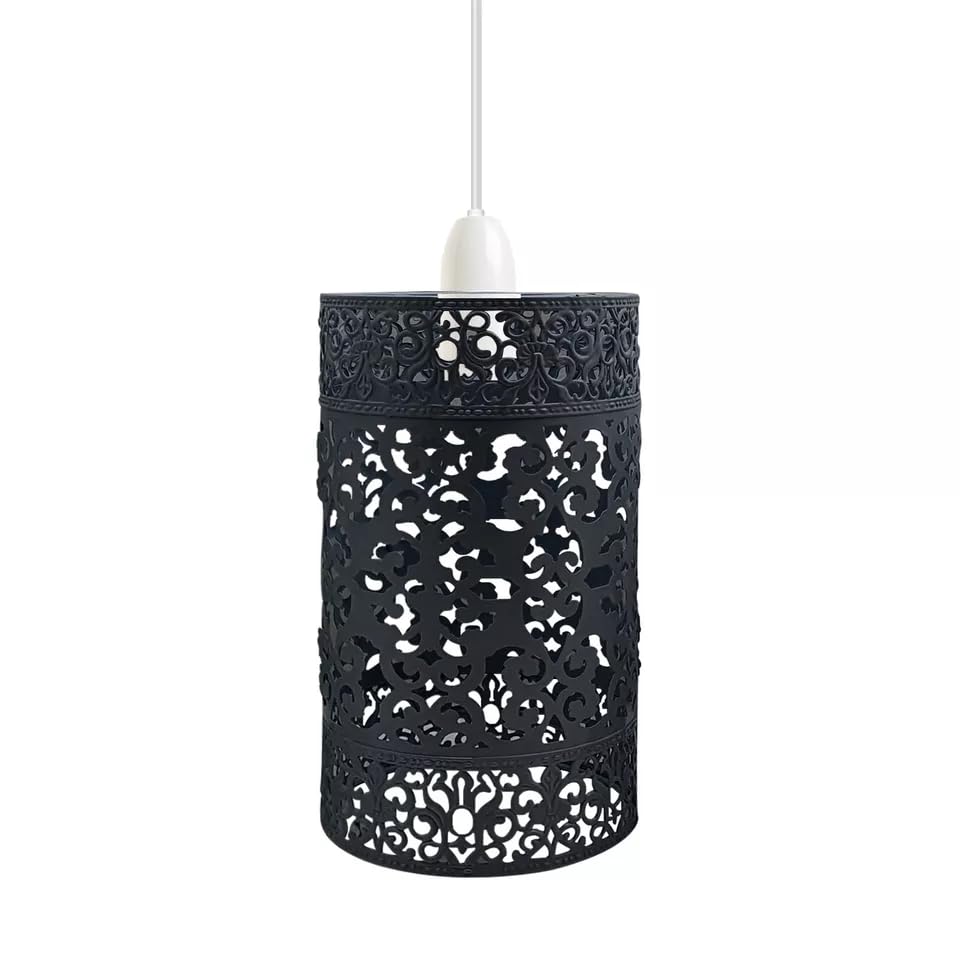 Moroccan Designed Black Metal Circular Pendant Light Shade with Floral Decor, Black 2, Breite: 13,5 cm, Höhe: 24 cm