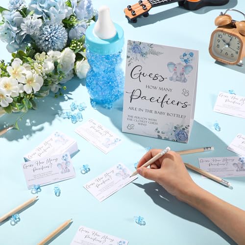 Image of Roowest 512 Pcs Baby Shower Games Guess How Many Pacifiers Sign 100 Small Guessing Games 10 HB Pencils 750ml Milk Bottle 400 Acrylic Pacifiers Decoration for Guest Gender Reveal(Blue,Elephant)