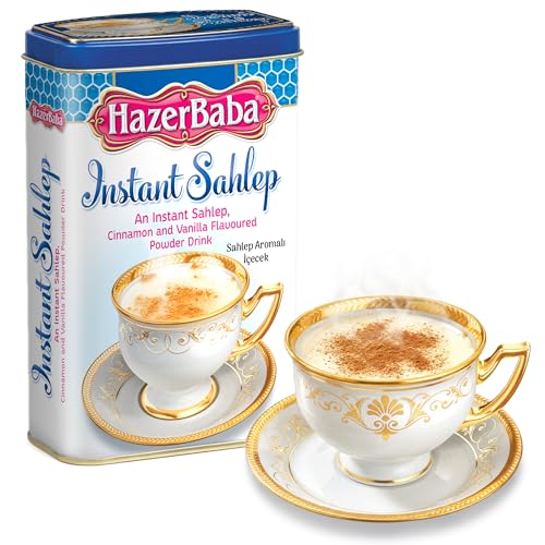 Hazer Baba Salep Powder Drink in Tin Box, Cinnamon and Vanilla Flavored Sahlab for Winter Nights, 7oz (Pack of 1), Instant Ottoman Beverage for Hot Milk, Dessert, Caffeine-Free, Halal, Kosher