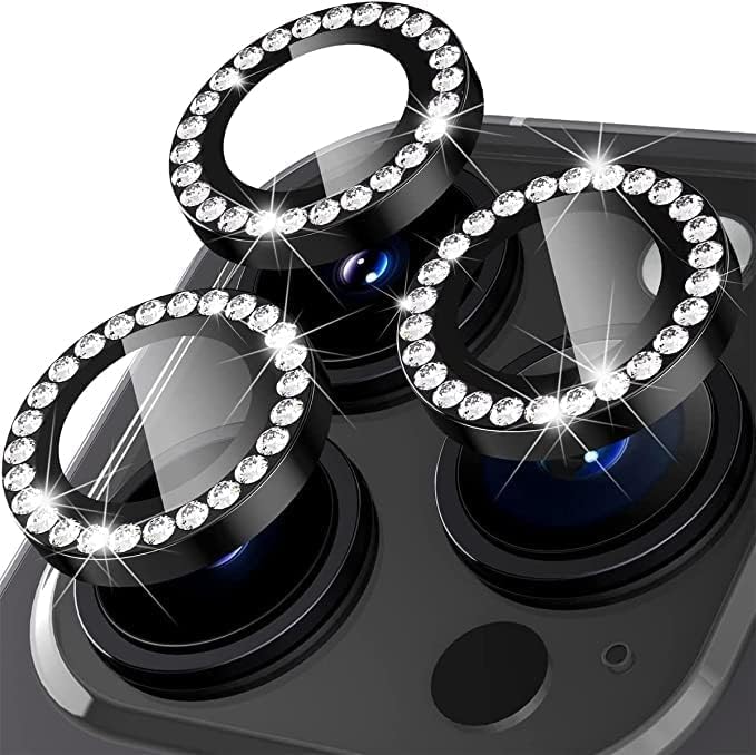 Image of Amazon Brand - Solimo Apple iphone 14 Pro Diamond Camera Lens Protector - Anti-Scratch [9H Hardness] Tempered Glass, Aluminum Ring (Full Coverage, Case-Friendly) - Black Diamond