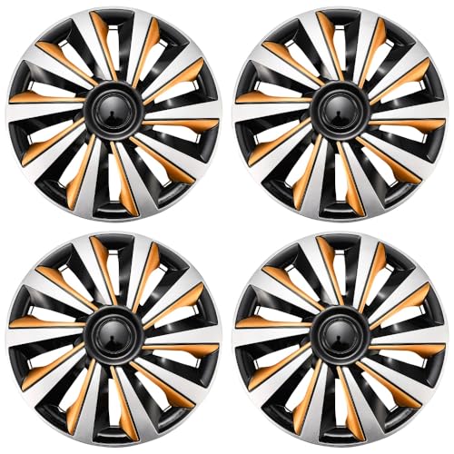 Image of Silver with Gold Hubcap Wheel Cover Replacement Kit 14 inch Hub Caps Wheel Rim Cover Car Exterior Accessories Pack of 4, 14 Inches