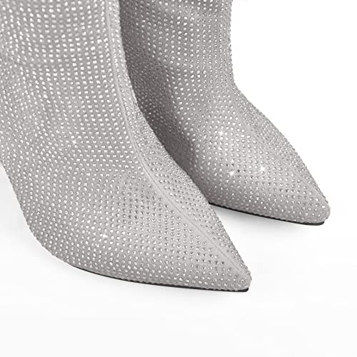 onlymaker Knee High Rhinestone Boots Chunky Heels Pull-on Point Toe Glitter Sequins Booty4