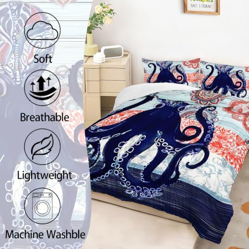 Image of AILONEN Bohemian Octopus Queen Comforter Set, Navy Mandala Artwork Home Ensemble, 3 Piece Microfiber Down Alternative Fill for Couples Family Guests