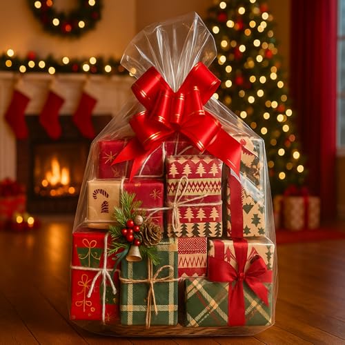 Image of WIKDAY Shrink Wrap Bags for Gift Baskets 5 PCS 40x50 Inches Extra Large | with Twist Ties, Cellophane Gift Bags, Plastic, For Gift Giving & Packaging Raffle Baskets, Easter, Baby Shower, Wedding