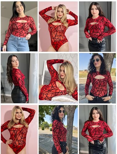 Image of GirlFriend Mesh Bodysuit for Women Long Sleeve Body Suit Sexy Tops Cut Out Leotard See Through Shirts Sheer Rave Outfits