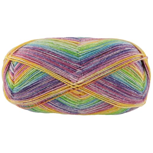 Lana Grossa MEILENWEIT 100 g AKTION! zeitlose 4-fach Sockenwolle 420 m, Farbe:3007 - Fuchsia/Weiß/Gelb/Hellgrün/Hellbeige/Petrol/Blauviolett