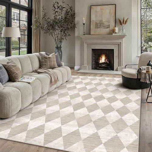 PureCozy Fußmatte Teppich 60x90cm Beige Fussmatte Moderne Kariert Weich Carpet Waschbarer rutschfest Teppiche Schlafzimmer Küchenteppich BüRo Kurzflor Rug Rautenmuster Geometrisches Beige 60