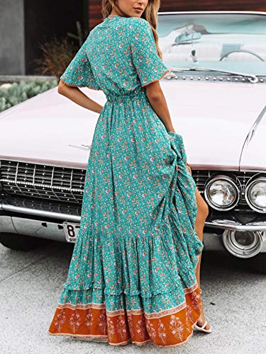 R.Vivimos Women's Summer Boho V Neck Button Up Short Sleeve Bohemian Print Ruffle Hem Beach Style Long Maxi Dress Vacation Dress(Small,Green) - Image 2