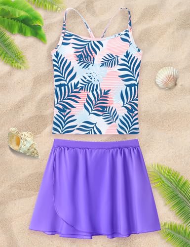 Image of Girls Swimsuit 3 Piece Sleeveless Bathing Suit Sets with Skirt Swimwear Rash Guard for Kids Beach UPF 50+ Sun Protection