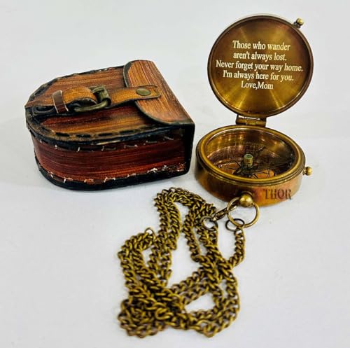 Brújula de Bolsillo Vintage de Latón Antiguo con Estuche de Cuero y Cita Grabada - Regalo Náutico