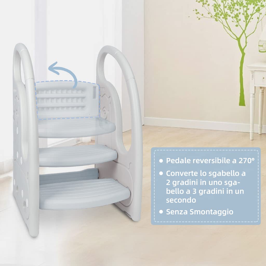 Scaletta gradini per bambini Sgabello a tre gradini Regolabile in Altezza Antiscivolo Grigio
