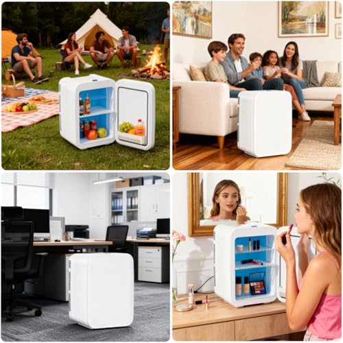 Image of Mini Fridge for Bedroom - 10 Liter /15 Can Portable Refrigerator for Dorm, Office, Car - Quiet Cooler & Warmer for Food, Drinks, Makeup & Skincare - AC /DC Power Supply