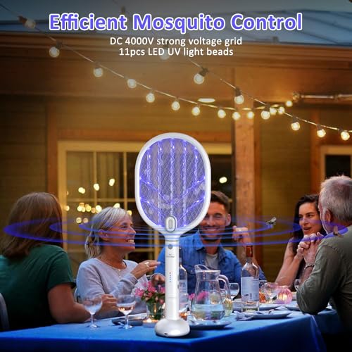 PALONE Elektrische Fliegenklatsche Extra Stark 4000V mit 2 Type-C, 1800mAh Wiederaufladbar Fliegenklatsche Elektrisch, Nacht LED Abnehmbar UV Insektenvernichter Elektro Mückenklatsche