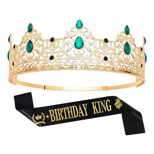 JITINX King Crown & Birthday Sash for Birthday Prom Party, Prom Decoration Gifts for Men, Costume Wedding Halloween Father's Day Gift for Men Father Husband Friend (Gold Green)