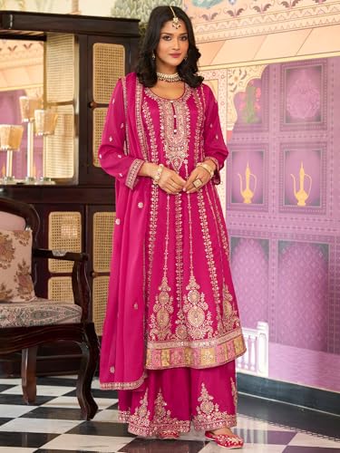 Image of INDO ERA Women's Anarkali Chinon Ethnic Motifs Embroidered Kurta & Palazzo with Dupatta Set (IEOUT10822)