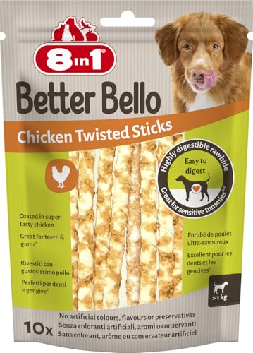 8in1 Better Bello Chicken Twisted Sticks - leicht verdauliche Kaustangen für Hunde mit Huhn, Kauartikel für Hunde mit empfindlichen Magen, 60g Beutel (10 Stück)