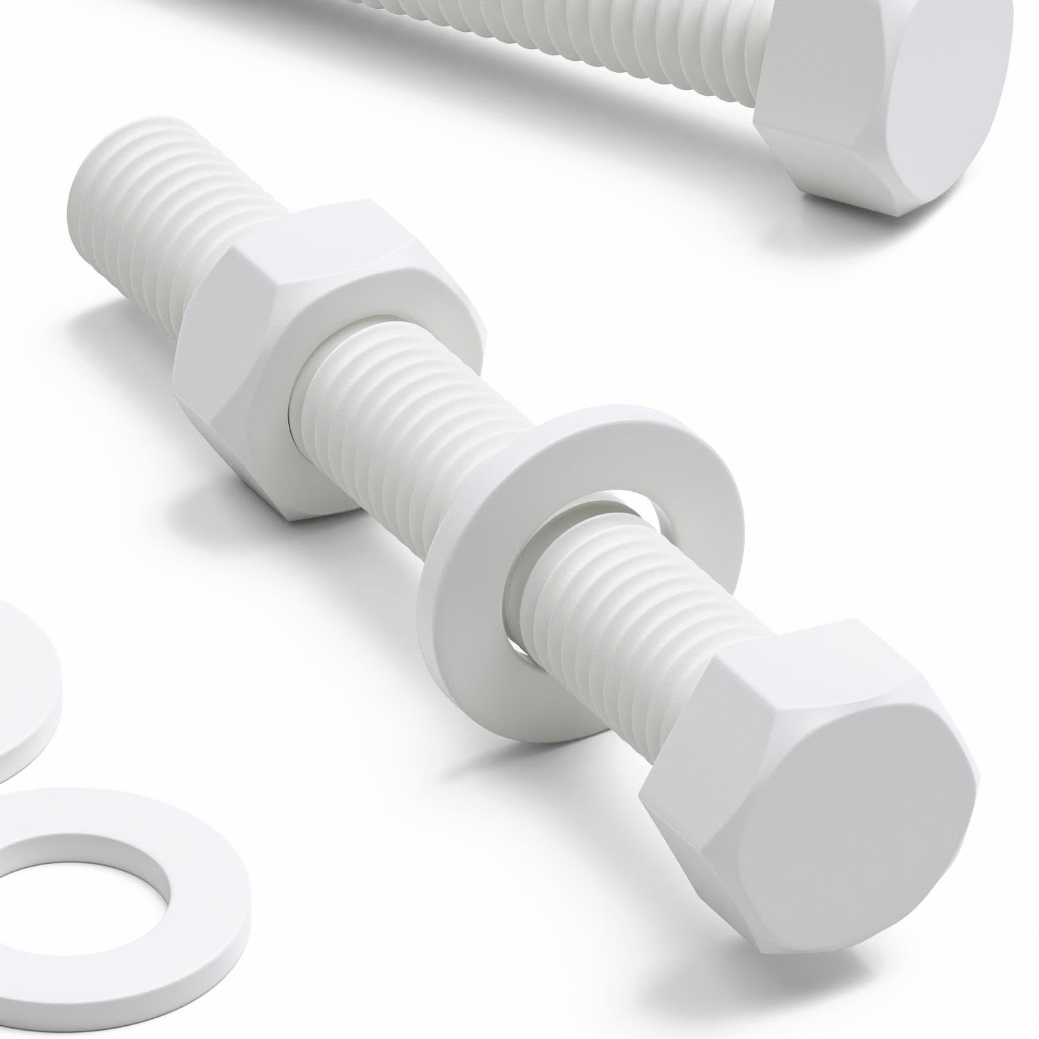 10x White PP Hex Head M10 x 70 mm Plastic Bolts, Nuts & Washers, Anti-Corrosion, Chemical Resistant