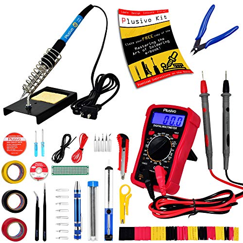 Soldering Iron Kit - Soldering Iron 60 W Adjustable Temperature, Digital Multimeter, Stand, Soldering Iron Tip Set, Desoldering Pump, Solder Wick, Tweezers, Rosin, Wire - [110 V, US Plug] from Plusivo