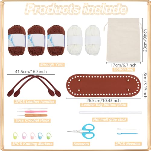 Image of ORIGACH DIY Crochet Handbag Kit for Beginners, Dark Brown Striped Tote Bag with PU Leather Band and Base, Complete Crochet Set to Make a Bag, Include Yarn, Hooks, Markers and Instruction