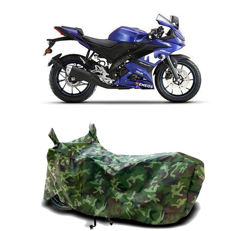 Image of DUFFEL-100% Heat Protection Two Wheeler Bike /Scooty Body Cover for Yamaha YZF R15 V3 Moto GP Edition Water Resistance /UV-Rays /Birds Dropping /Scratchproof /Dust Proof /Waterproof[Green Jungle Print]