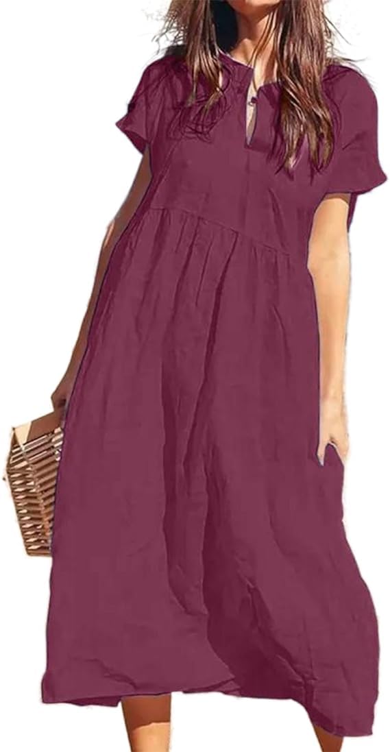 Cotton Linen Dress for Women Casual Summer Short Sleeve Flowy Long Dresses Loose Beach Vacation
