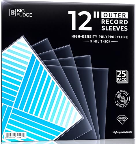 BIG FUDGE Paquete de 25 fundas exteriores para LP de 12 pulgadas, duraderas y sin arrugas, transparentes y de polipropileno de alta densidad, de 3 mm de grosor, de 12,7 x 12,7