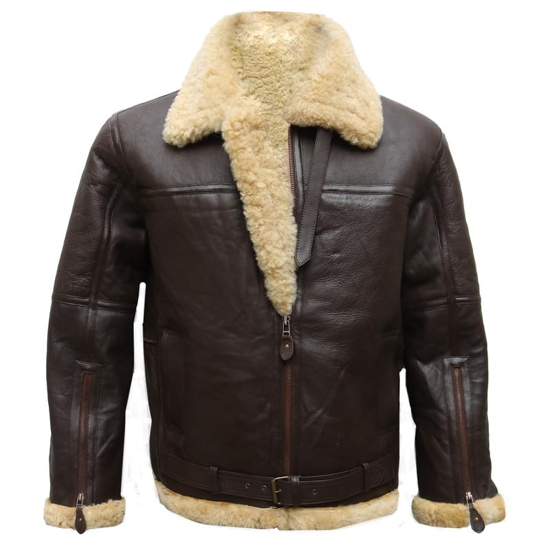 Men's Real Sheepskin Shearling Bomber Jacket – Vintage Aviator Flight Leather Jacket with Fur Collar & Belt