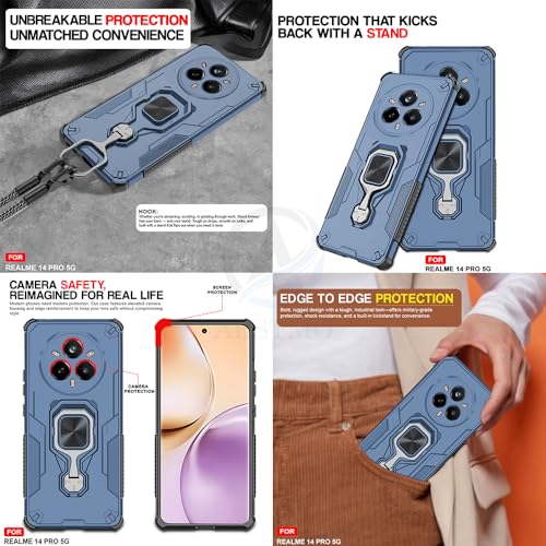 Image of AESTMO Armor Back Cover for Realme 14 Pro Plus 5G | Ring Holder & Kickstand & Camera Protection in-Built | 360 Degree Protection Back Case Cover (Blue)