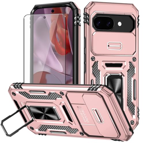 Aozuoton for Google Pixel 9a Case with Screen Protector and with Camera Cover, 360°Military Grade Rotatable Kickstand (Heavy Duty) Shockproof Protective, Case for Google Pixel 9a Rose Gold