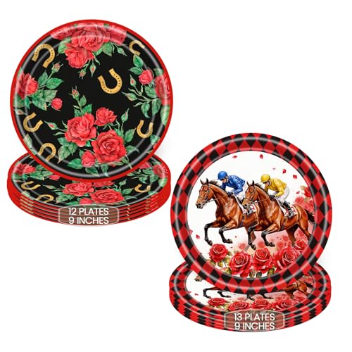 WRXVVTSV 25PCS Horse Racing Party Paper Plates 9 Inch Red & Black Rose and Horseshoe Disposable Plates for Race Day Party Spring Garden Party Derby-Inspired Celebration Birthday & Themed Events