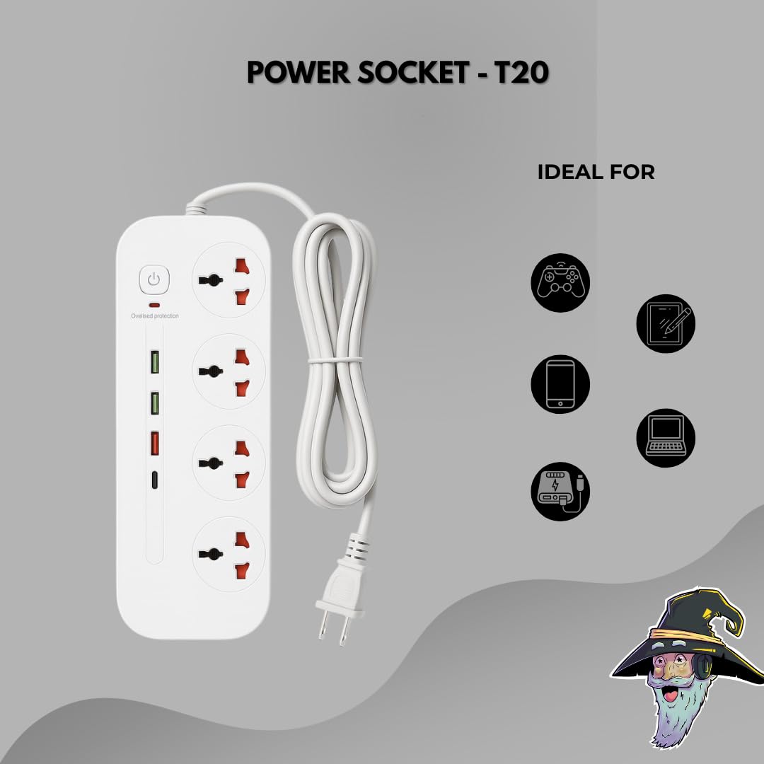 Power Socket with USB Charging, Model T20, 4 AC Outlets, 3000W High Power, 8 FT Long Cord, 4.2A Auto Max, Overload Protection, Fireproof Material