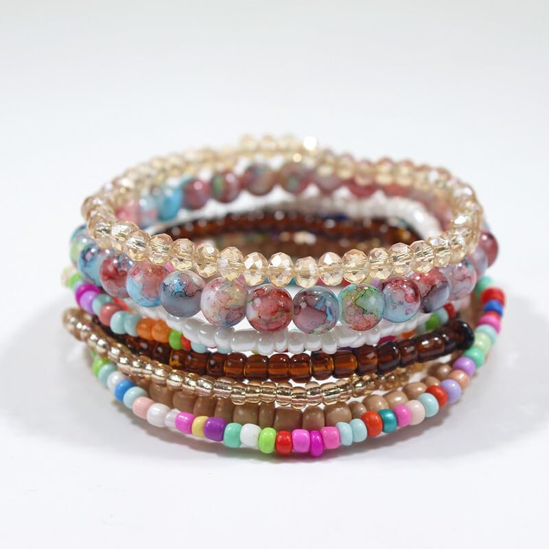 Pingyongchang Boho Colorful Beads Stackable Bracelets Set for Women Handmade Multicolor Seed Crystal Layered Stretch Bracelets Retro Country Holiday Beach Trendy Jewelry Gifts - Image 2