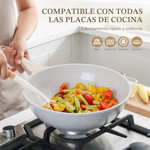 Miniatura 3 de Kordisen Cerámico Wok 30 Cm, Wok De Inducción Con Tapa, Revestimiento Antiadherente, Apto Para Todo Tipo De Fuegos, Sin Pfoa Y Pfas Gris