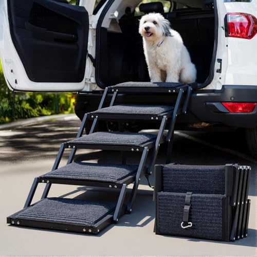 The Fellie Dog Ramps for Cars, Foldable Dog Car Ramps for Large Dogs with Non-Slip Rug Surface, Portable Dog Steps for Cars and SUV, Truck, High Bed, Extra Wide Pet Ladder Support Up to 250 Lbs