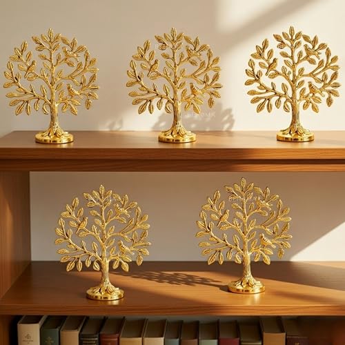 Image of BEHOMA Brass Kalpvriksh Tree with Birds Set of 5 | Kalpavriksha Tree of Life Showpiece for Table Decor (5.9 inch) | kalpvriksha Vastu & Fengshui Decor, Home & Puja Temple Ornament, Good Luck Gift
