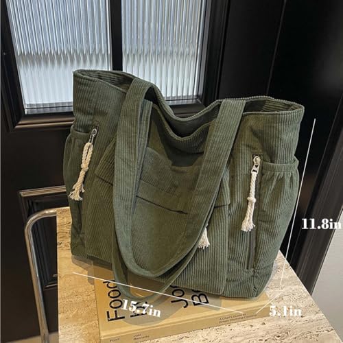 Bolsa Tote de pana verde para mujer con gran capacidad miniatura 5