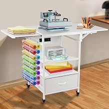 3 Tier Movable Heat Press Table, Foldable Heat Transfer Machine Stand with Vinyl Roll Holders, Rolling Craft Table with Charging Station for DIY Sublimation T-Shirts Hats Caps Transfer Machine Printer