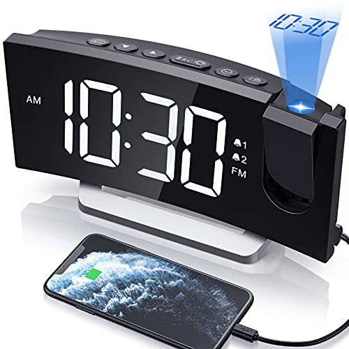 Clock Radios, Projection Alarm Clock with 0-100% Dimmer and FM Radio, Dual Alarm, 5 Alarm Sounds and 3-Level Volume, USB Charger, Clear Readout Digital Alarm Clock for Bedroom, Bedside Clock for Kids