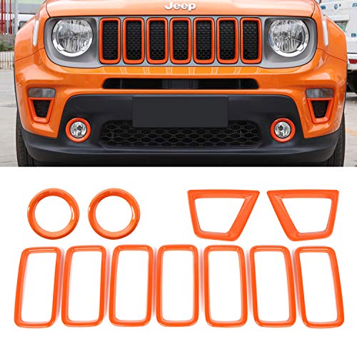 YOCTM For Jeep Renegade 2019 2022 2022 Accessories Front Grille Inserts Mesh Cover Trim + Front Fog Lamp Light Frame + Turn Signal Bezel Trim Car Styling (Orange)