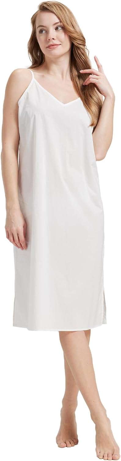 BEAUTELICATE Women Longer Slip 100% Cotton Full Slip with Side Split Under Dress Knee Length Adjustable Straps