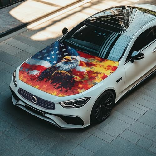 Image of USA Flag Eagle Flame Car Hood Cover for Compact Car SUV Truck Minivan, 59x39 Inch Stretchable Patriotic Decorations Waterproof Automotive Exterior Accessories