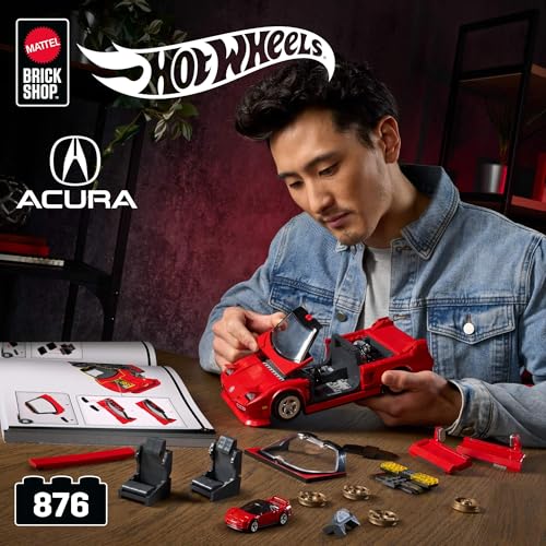 Image of Mattel Brick Shop Hot Wheels Elite Series Building Kit '90 Acura NSX with 876 Pieces, Realistic Details and Individual Stickers, for Collectors and Children Aged 10 Years and Above, JFT17