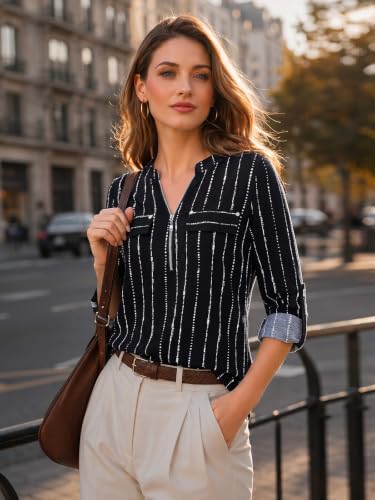 Image of Bulotus 3 /4 Length Sleeve Womens Striped Tops Zipper V Neck Collared Blouses Business Casual Tunics 2026 Spring Trendy