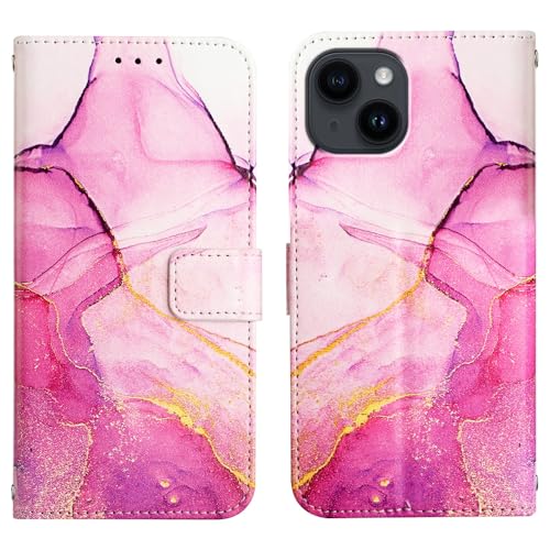 Image of ClickCase Marble Series Faux Leather Back Case Card Holder Wallet with Magnetic Closure Flip Cover for iPhone 15 Plus (Pink)