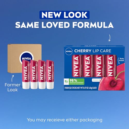 Image of NIVEA Cherry Lip Care, Tinted Lip Balms with Shea Butter, 4 x 0.17 OZ | Ruby Tinted Lip Balm with Shea Butter, Nourishing Oils and Vitamins, 3-in-1 Moisture, Repair Dry Lips and Color, Vegan