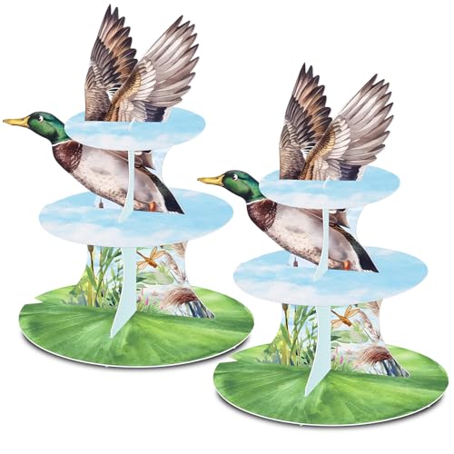GRULLIN Set of 2 Mallard Duck Hunting Cupcake Stand, for One Lucky Duck First Birthday Baby Shower Party Favor Decorations Supplies