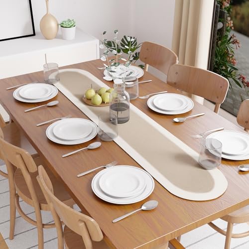 Image of Encasa XO Table Runner for 4 Seater | Handmade Ribbed Style Cotton | 30x137 cm | Beige & Off White | for Dining & Center Table