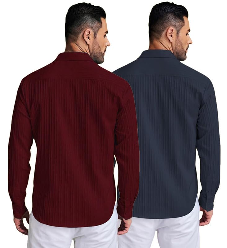 Image of DEELMO Combo of Men's Casual Button Down Shirts Long Sleeve Linen Shirt Fashion Textured Summer Shirts Pack of 2